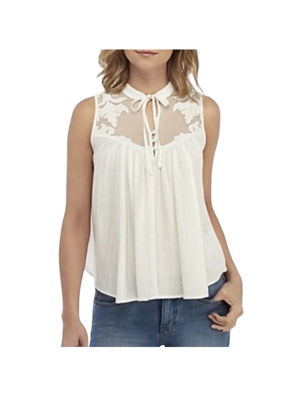 Free People Ivory Lace Yoke Tie-Front Camisole